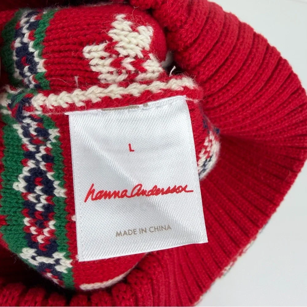 Kids Hanna Andersson Knit Pom Beanie Reindeer Nordic Holiday Hat Red Cream sz L